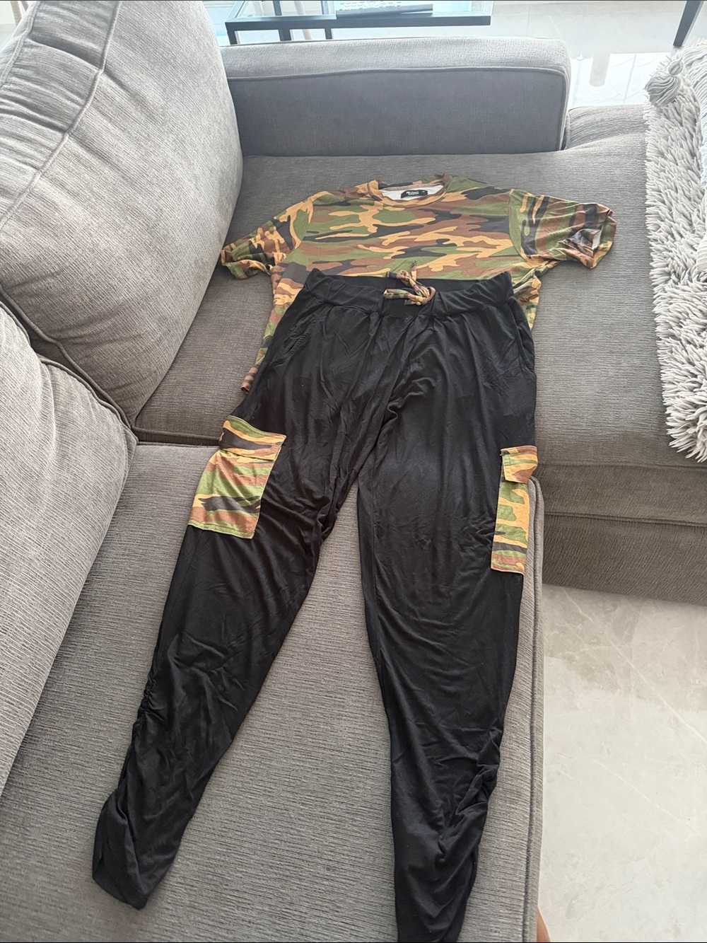 Michael Lauren Camo Print Top with Black Lounge Pants